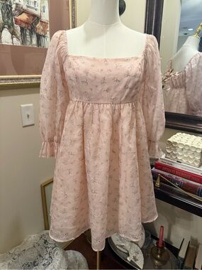 Jessica Simpson Floral Pink Puff-Sleeve Embroidered Babydoll Dress